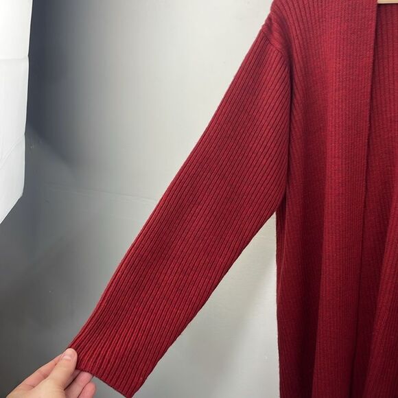 Eileen Fisher Open Front Ribbed Cardigan Sweater 100% Merino Wool Deep Red Med - Picture 8 of 13